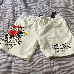 Ed Hardy Cream Shorts with Skull and Heart Design